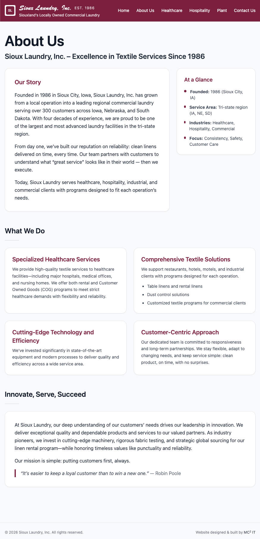 Sioux Laundry About Us page